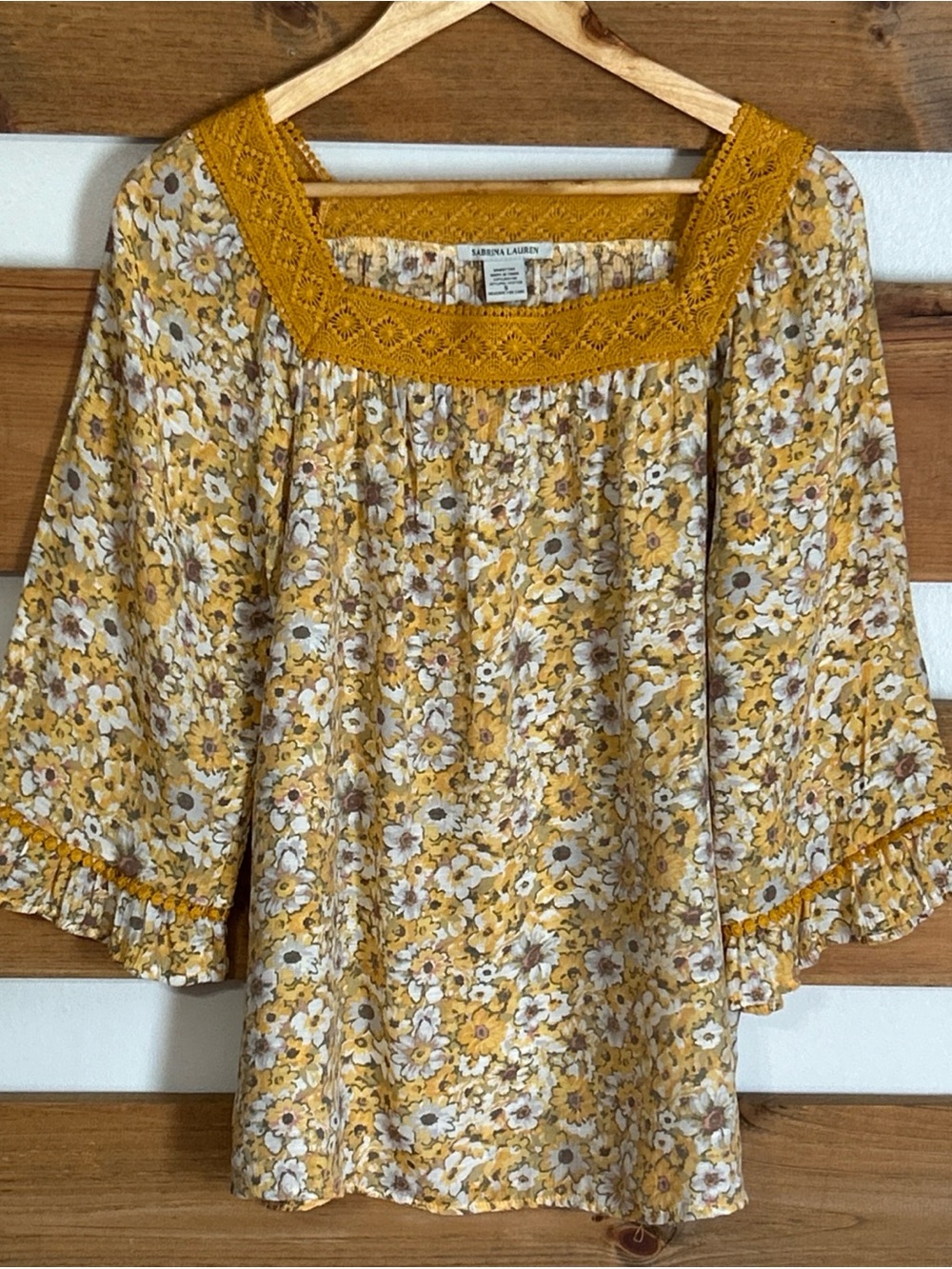 Sabrina Lauren Golden Yellow Lace Square Neck Floral Sheer Blouse Size Small